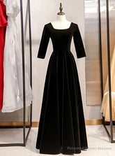 A-Line Black Velvet Square Short Sleeve Prom Dress